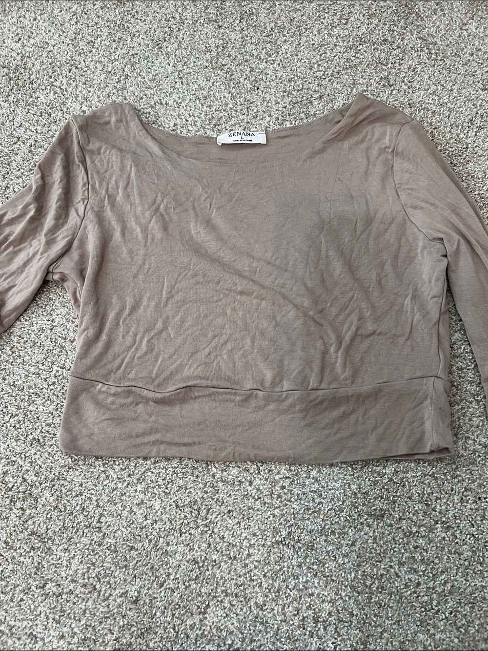 Zenana Outfitters Taupe Cropped Boatneck Long Sleeve Top